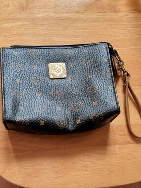 tba Black and Brown Logo Wristlet Clutch with Gold Plate